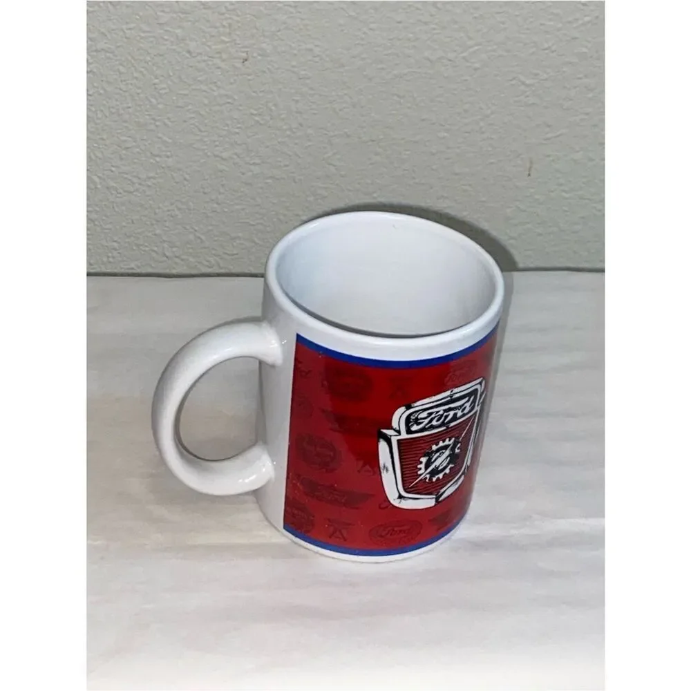 VTG, 60s 70s Ford Motor Company Coffee Mug Lightning Bolt Crest Red